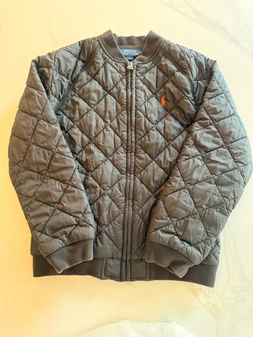 Polo by Ralph Lauren Quilted Bomber Jacket in Black with Orange Pony